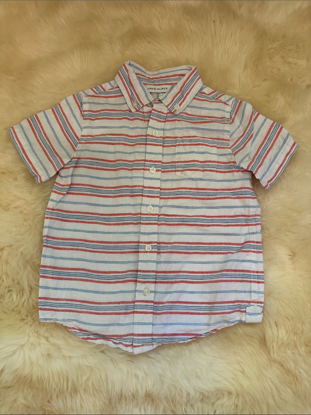 Janie and Jack White Short-Sleeve Button-Up with Red & Blue Stripes